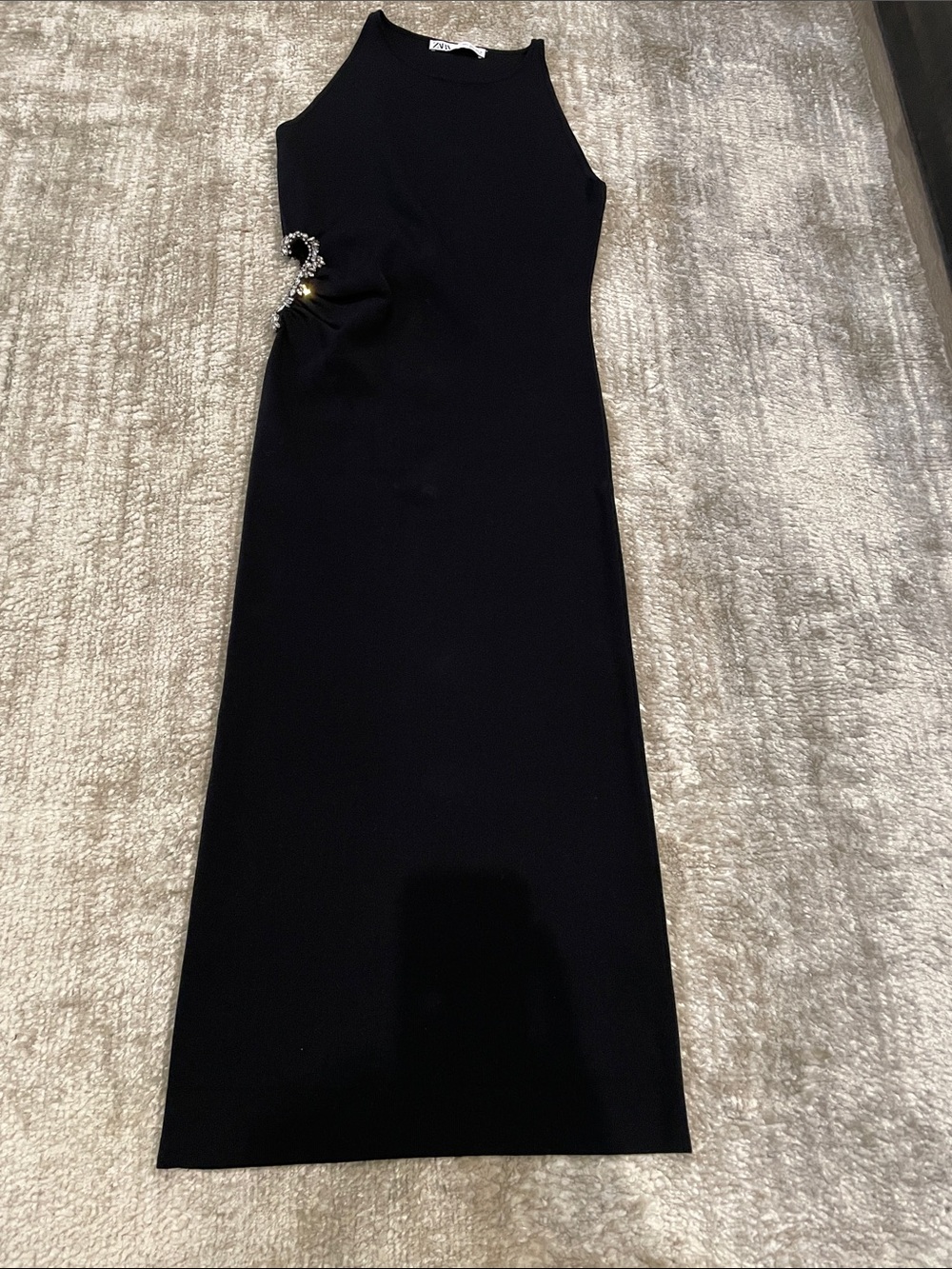 Zara Black Evening Sheath Dress with Side CrystalCutout Detail